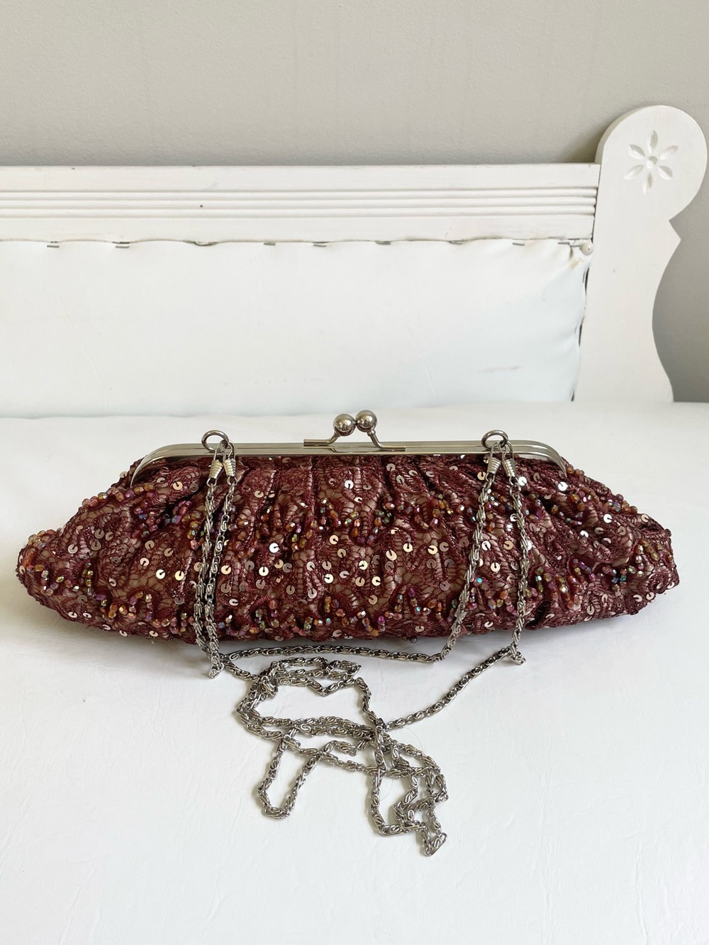 VINTAGE BRONZE BROWN IRIDESCENT SEQUIN BAG CLUTCH CHAIN LINK STRAP THREE WAY
